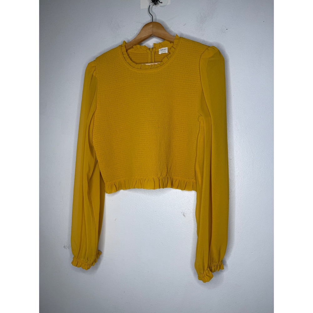 Wilfred Aritzia Mustard Yellow Smocked Long Sleeve Crop Top Ruffle Trim Large
